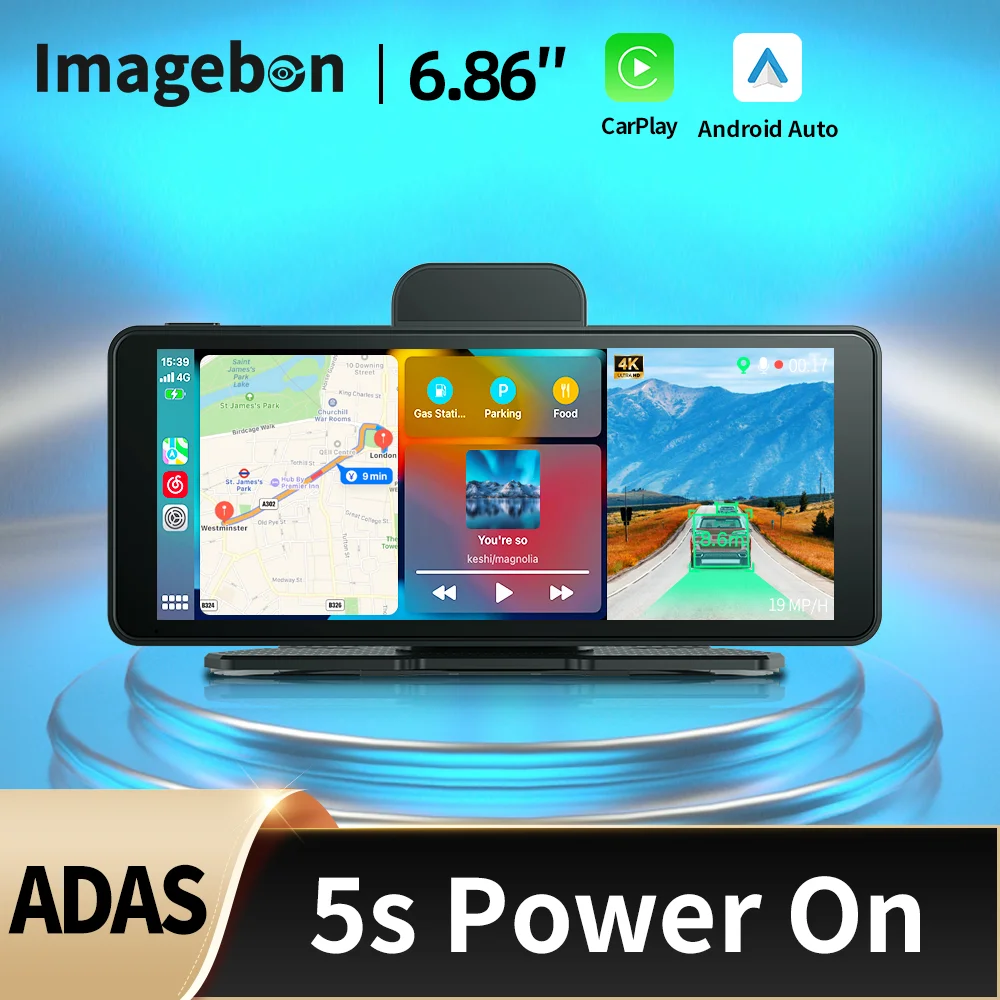Imagebon H686Pro Kabellose CarPlay & Android Auto Dashcam 6,86" 4K Dashcam ADAS WiFi FM GPS Navigation Armaturenbrett Auto DVR