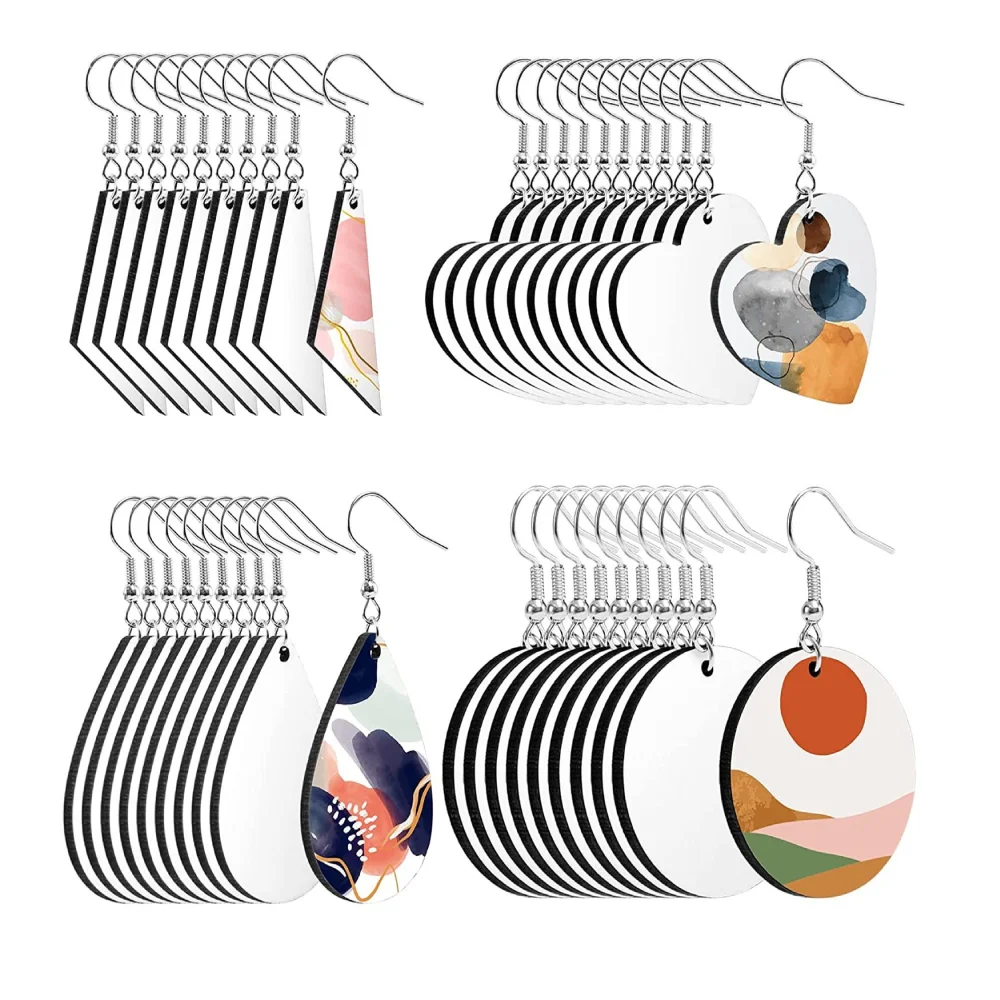 20pairs Sublimation Earrings Blank Wooden Round&Heart Pendant Earring Jewelry Double-side MDF Wooden Earrings For DIY Logo Image