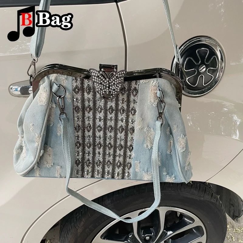 

Butterfly lock button rhinestone bag Spice girl cowboy hole broken one shoulder cross body handbag y2k Harajuku versatile tote