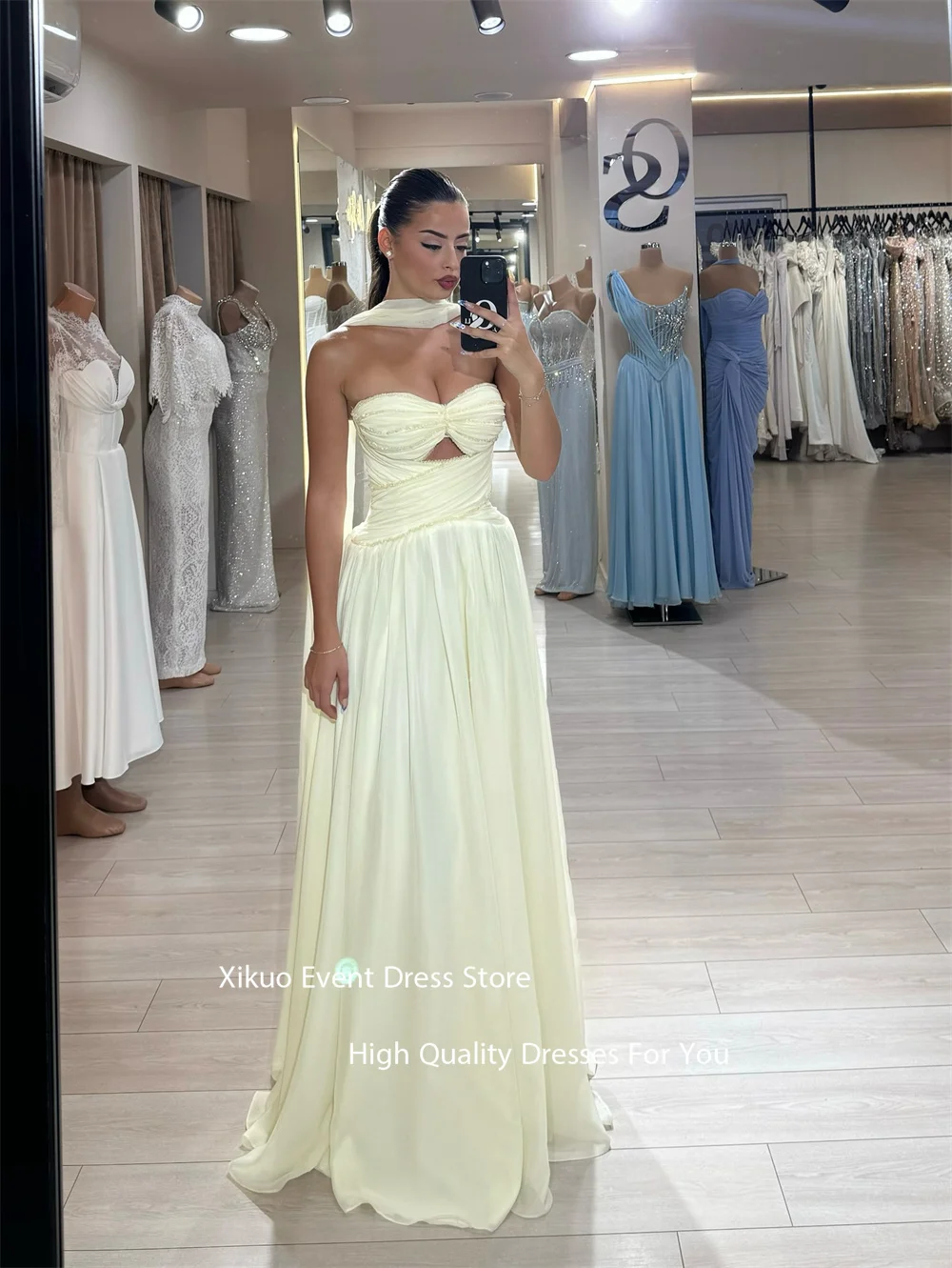 Xikuo カットアウトシフォンイブニングドレス バックレス スイートハート ベスティドス デ ガラ ロング Aライン ユニーク ブリン プロムドレス カスタマイズ