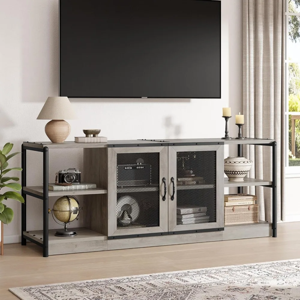 

Tv Stand for 65+ Inch Tv, Industrial Tv Stand for Living Room, Farmhouse Entertainment Center with Storage and Mesh Door