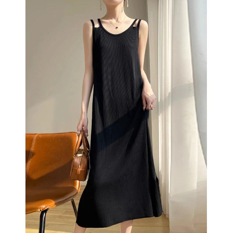 Fashion O-Neck Solid Color Loose Hollow Out Casual Dresses Female Clothing 2024 Summer New Oversized Commute Sleeveless Dress