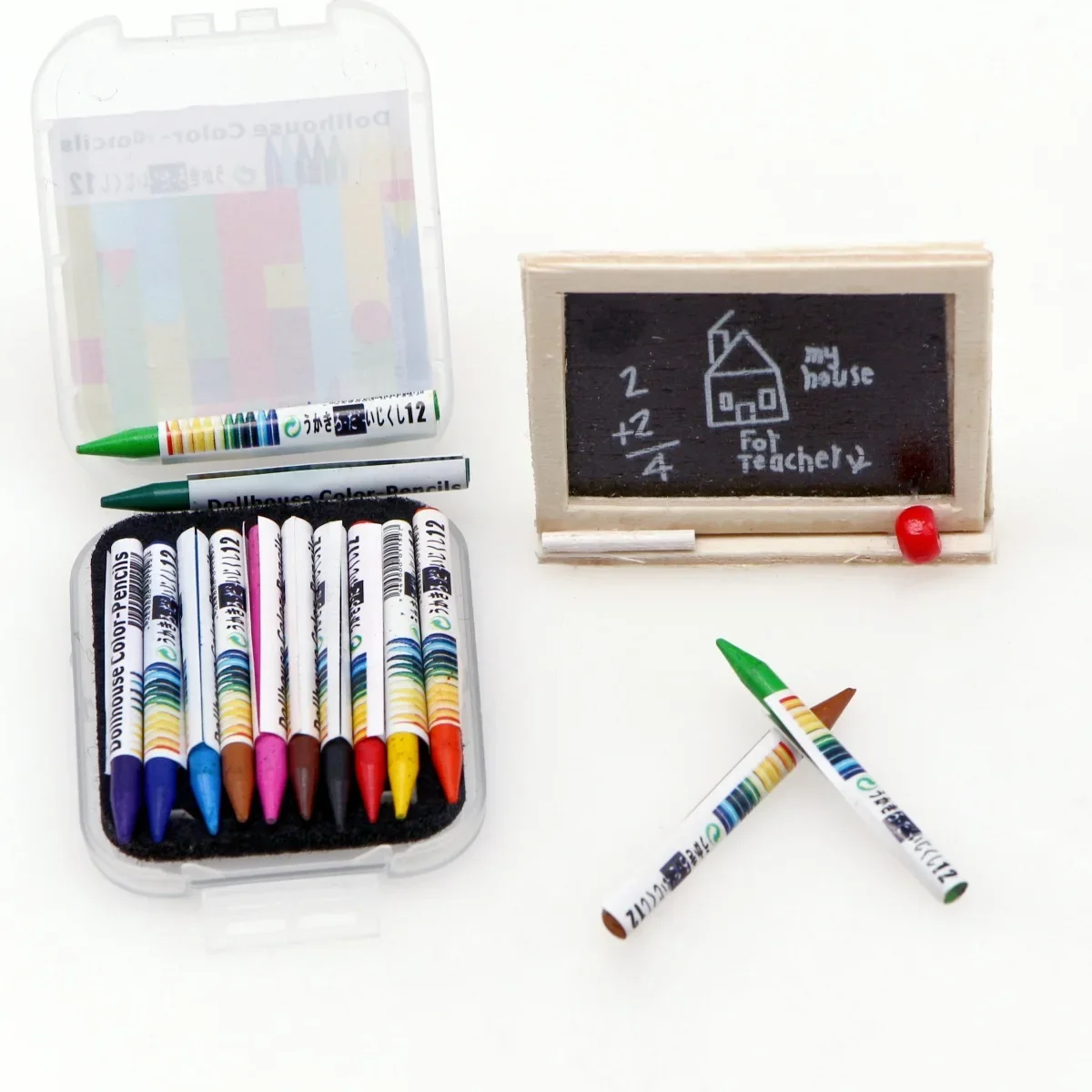 doll house mini boxed colored crayons, small cloth doll miniature learning scene shooting prop model