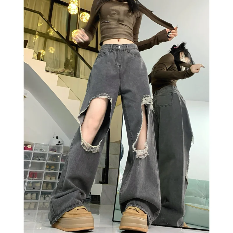 

Women Dark Grey Jeans High Quality High Waist American Street Wide Leg Pants Worn-out Hip Hop Vintage Straight Spring Trousers