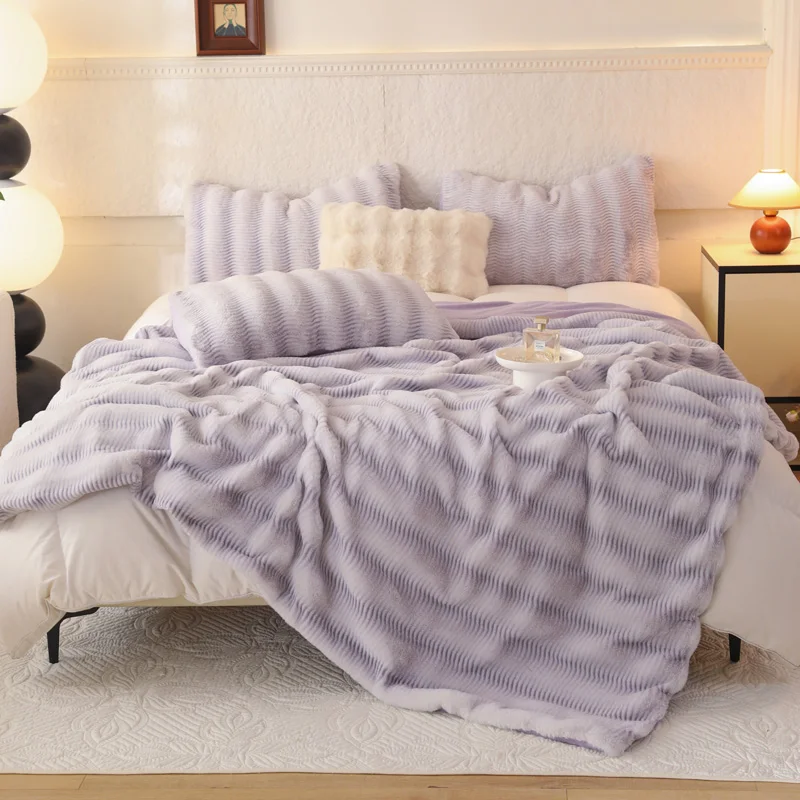 

3pcs Purple Luxury Faux Rabbit Fur Throw Blanket Winter Ultra Soft Fluffy Plush Cozy Warm Bed Polyester Blanket and 2 Pillowcase