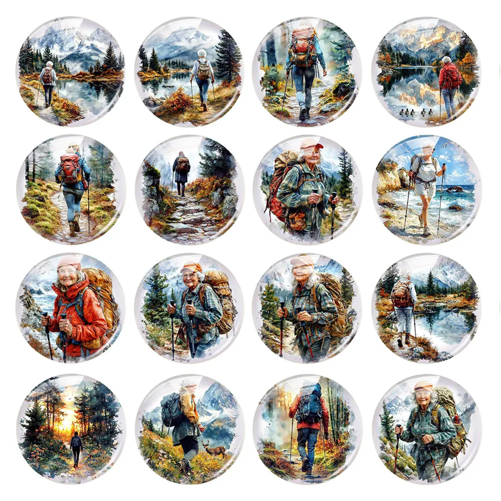 Random Mixed Round/Oval/Square Elderly Hiking Lady Mountain Wild Photo Glass Cabochon Flatback Demo Cameo For Diy Jewelry Making