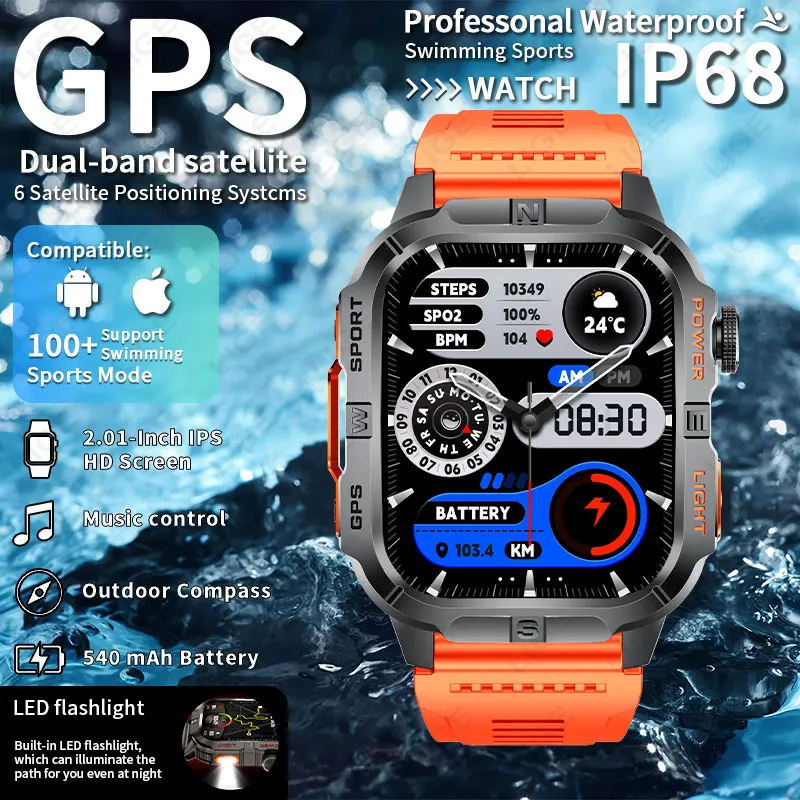 

Outdoor Smart Watch 2026 New 2.01"HD Screen LED Flashlight Bluetooth Call IP68 Waterproof GPS Sports Smartwatch for Men Compass