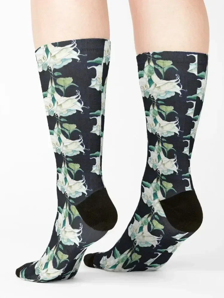Original watercolour painting of White Angel's trumpets (Brugmansia) Socks essential new in's retro golf Socks Woman Men's