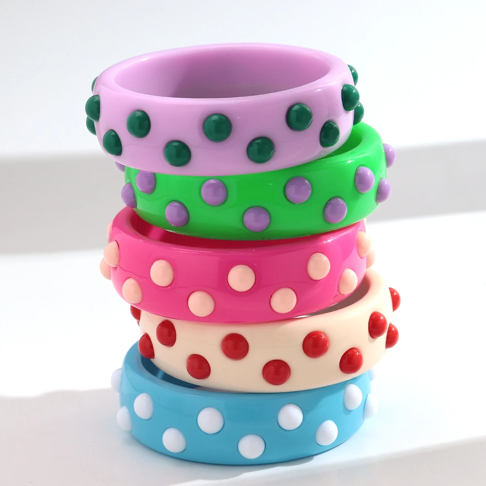 Cute Colorful Resin Studs Round Wide Cuff Bangles Dot Geometric Chunky Bangle Bracelets for Women New Jewelry Gifts