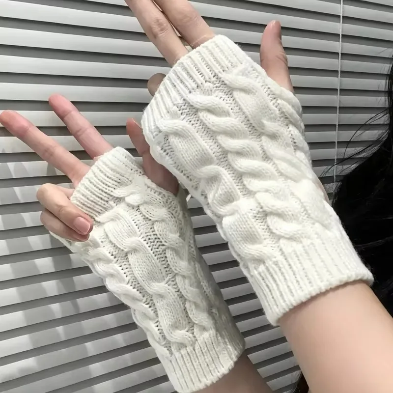Winter Warm Thick Retro Knitted Gloves Half Finger Warm Palm Arm Warmers Girls Fingerless Mittens Women Soft Cuffs Sleeves Cover