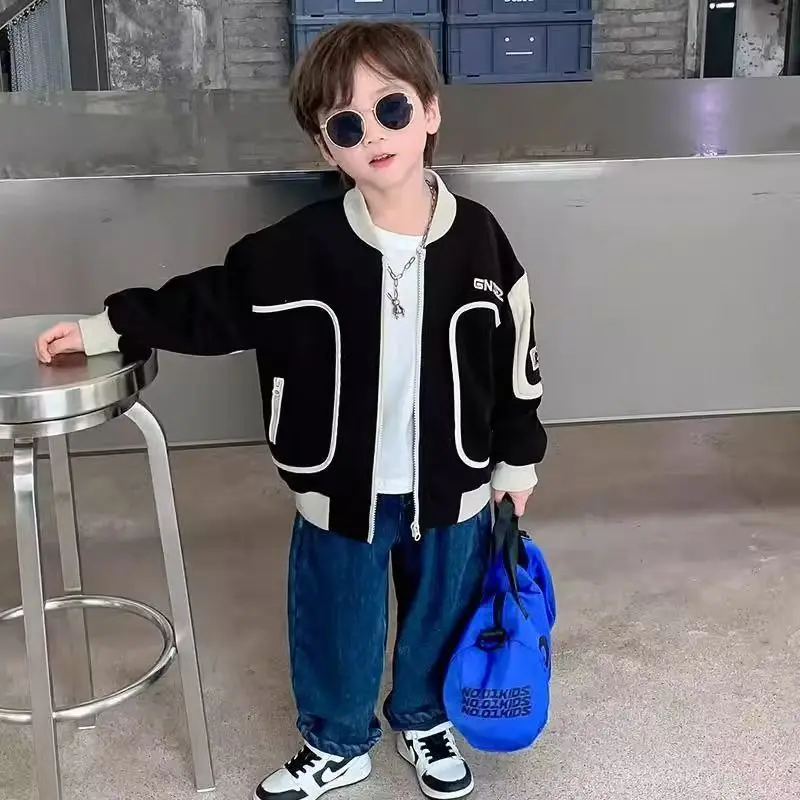2026 New Spring Autumn Boys Kids Jacket Coat Black White Contrast Color  Letter Print Zipper Pockets  Casual Streetwear for 4-12