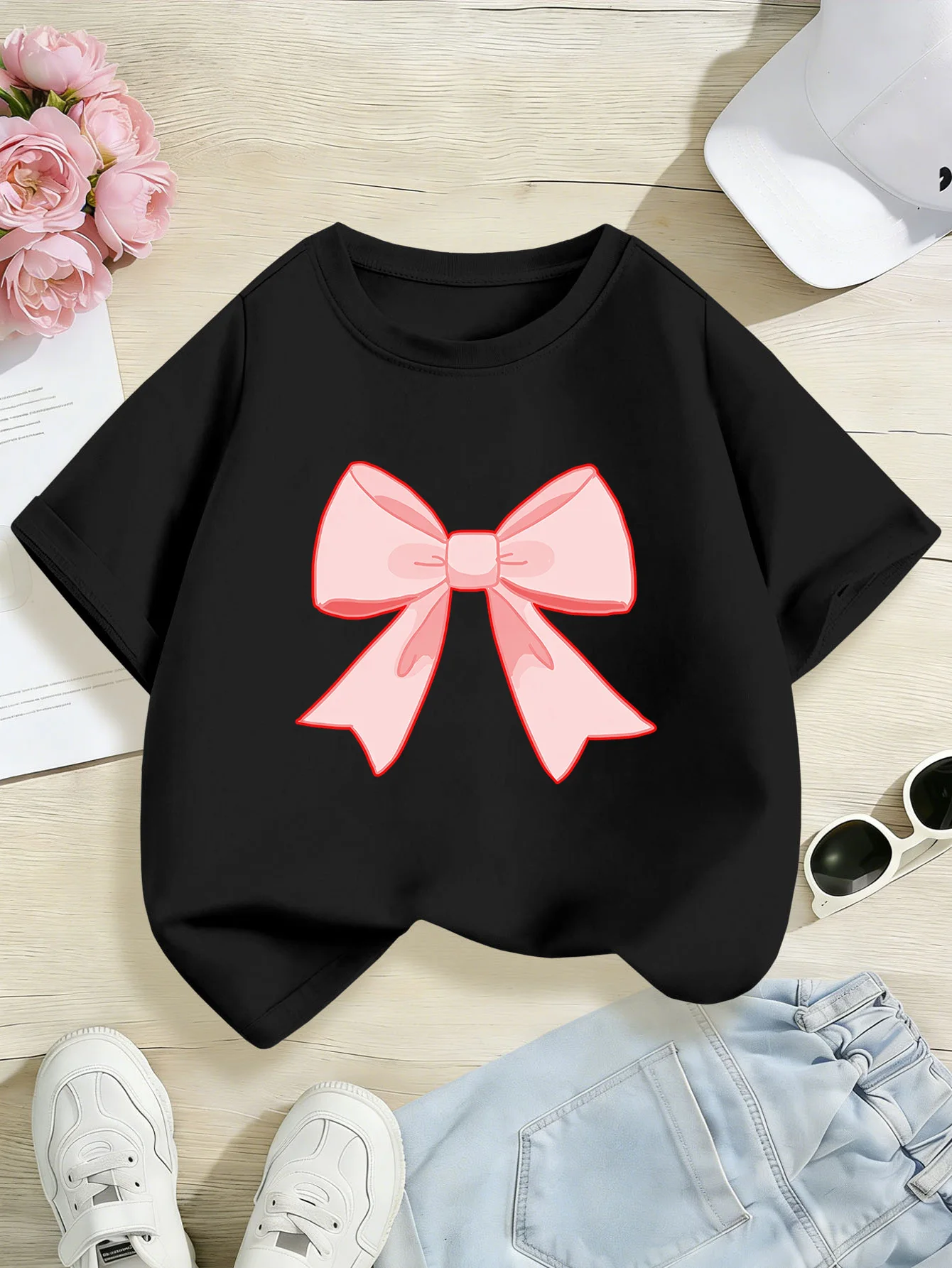 Cute Sweet Pink Bow Cartoon Graphic Print Kids Tee Boys Girls Family Matching Cotton Crew Neck Short Sleeve Soft Summer Tee