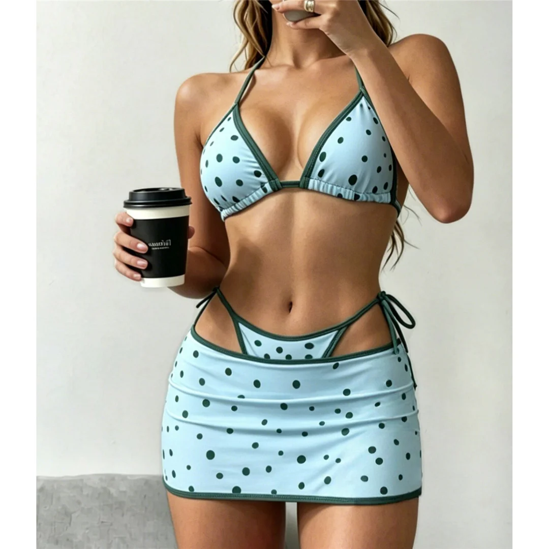 Mit Rock, Polka-Dot-Muster, Neckholder-Bikini, Damen-Badeanzug, dreiteiliges Bikini-Set, Badeanzug mit Trägern, Badebekleidung, Badeanzug V8380 – Detail 7