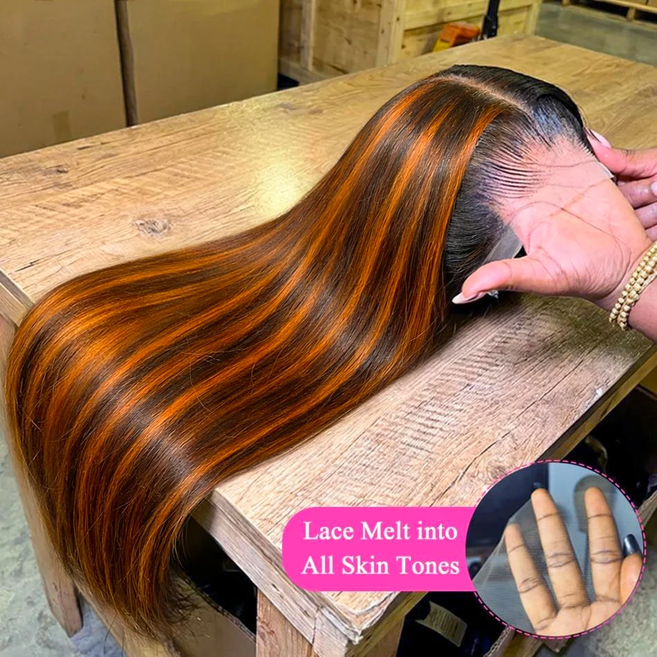 

Brown With Ginger Orange Highlight Wig 13x4 Colored HD Lace Front Wig Human Hair Wigs Premium Peruvian Straight Lace Closure Wig