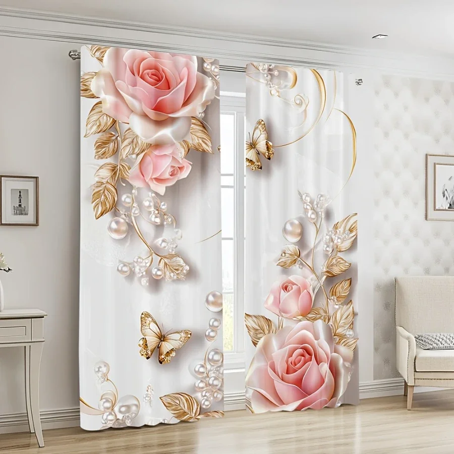 2PCS Digital Printed Curtains with Rose Whisper Design, Stylish Window Drapes for Living Room Bedroom Home Decoration and Kitche