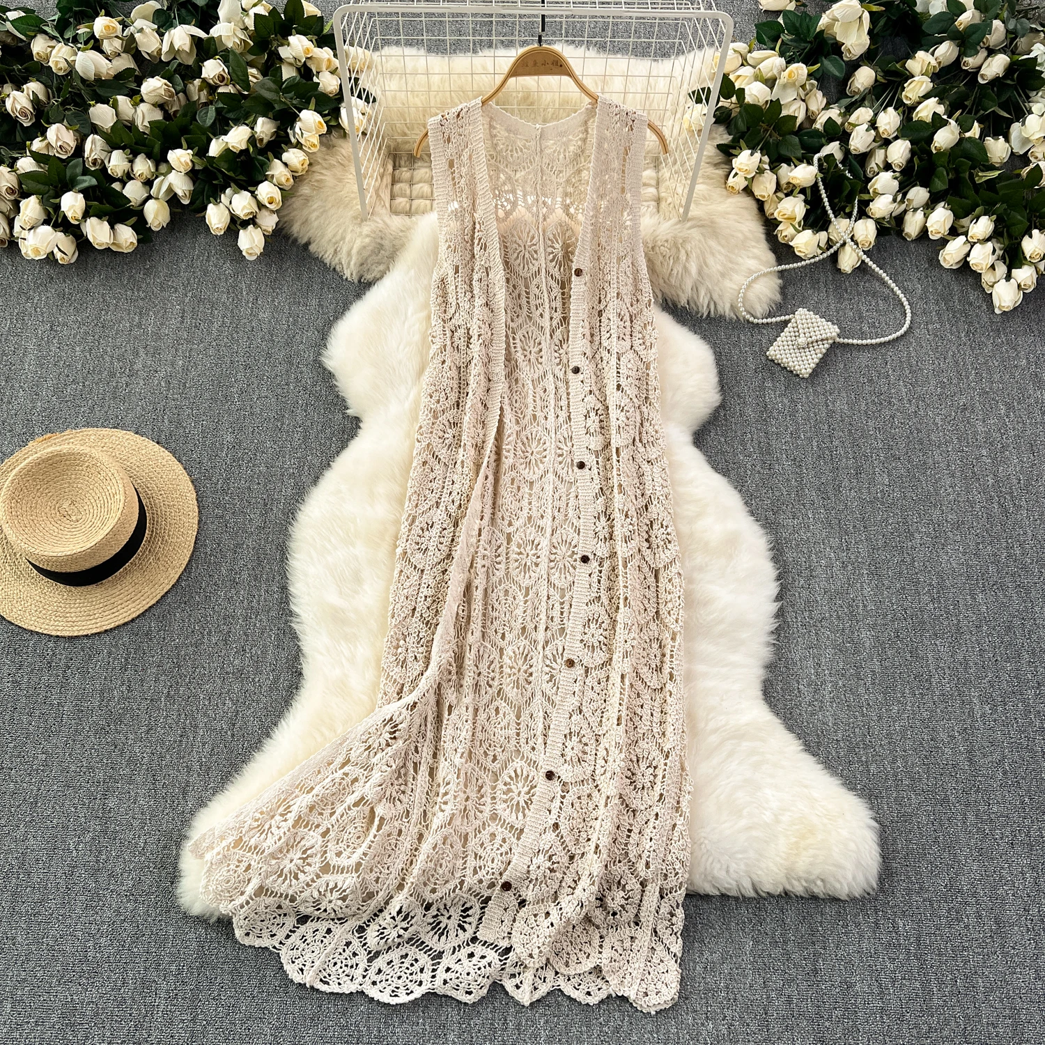 Longline Crochet Cardigan Button Front Sleeveless Sheer Open-knit Long Cover-up Jacket Women Summer Beach Vacation Outfit