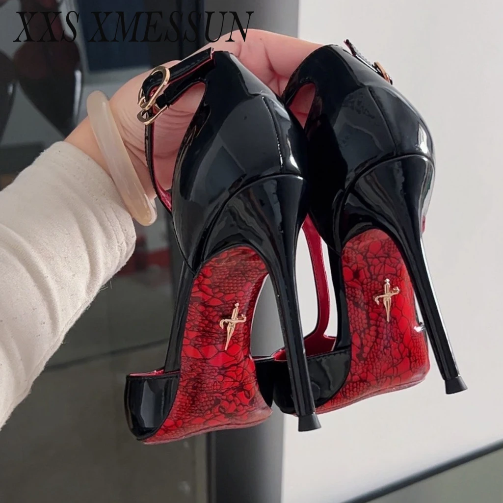 

XXS XMESSUN 2026 New Pointed Buckle Red Soled High-Heeled Shoes Black Toe Cap and Hollow Sexy Slim Heel Sandals