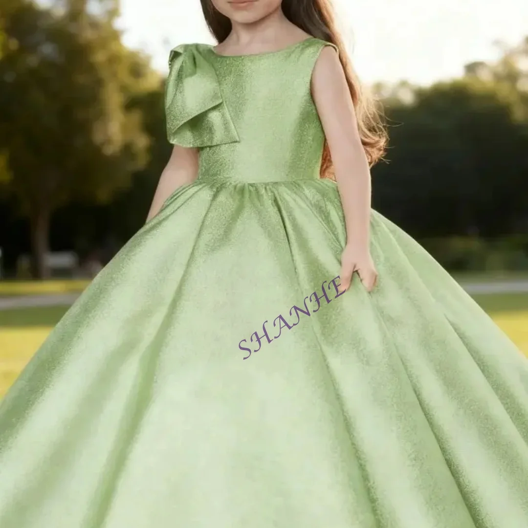 맞춤형 꽃 소녀 드레스 튤 소재 민소매 풍성한 리본 발목 길이 어린이 성찬식 파티 드레스 소녀용