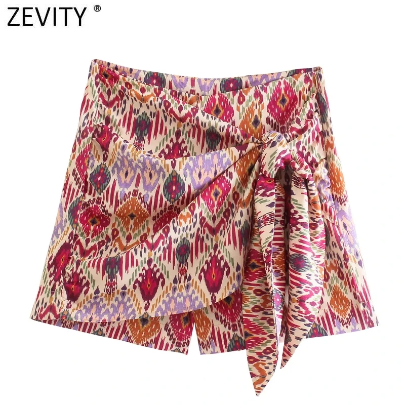 Zevity Women Totem stampa floreale Hot Bermuda Shorts Ladies Chic Side Zipper Bow legato pantaloncini Casual gonne Pantalone Cortos P1231