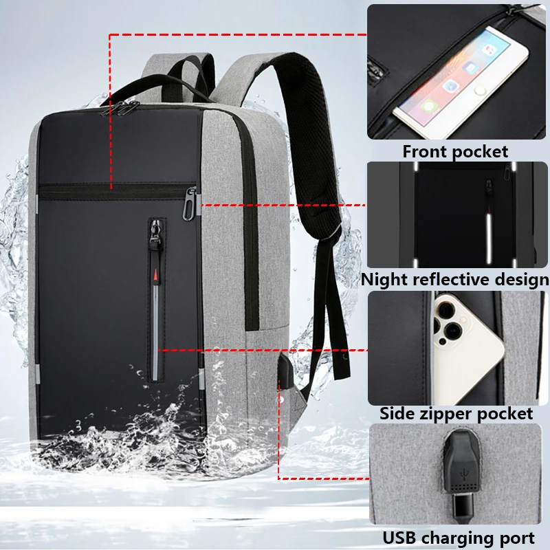 Mochila impermeável de negócios para homens, mochila USB, faixa reflexiva, grande capacidade, mochila para laptop, 15,6\