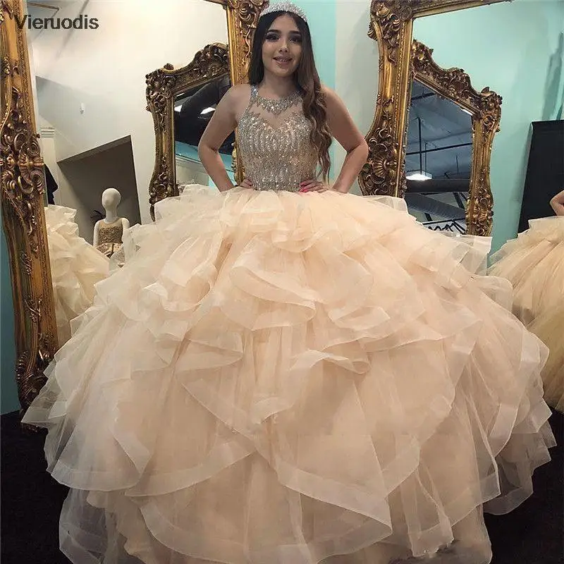 

Long Champagne Quinceanera Dresses 2021 Sweet 15 Year Tank Sheer Illusion Back Beaded Women Masquerade Gowns