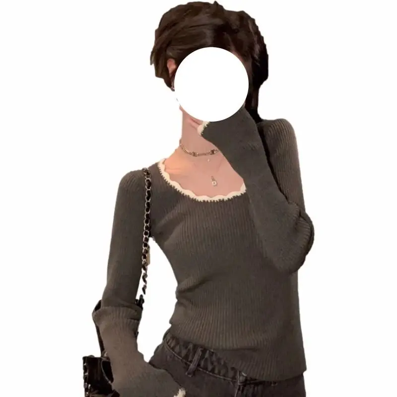 Suéter de fondo de Color de contraste de temperamento Retro para mujer 2024 con suéter superior de cuello redondo grande de clavícula de alta calidad