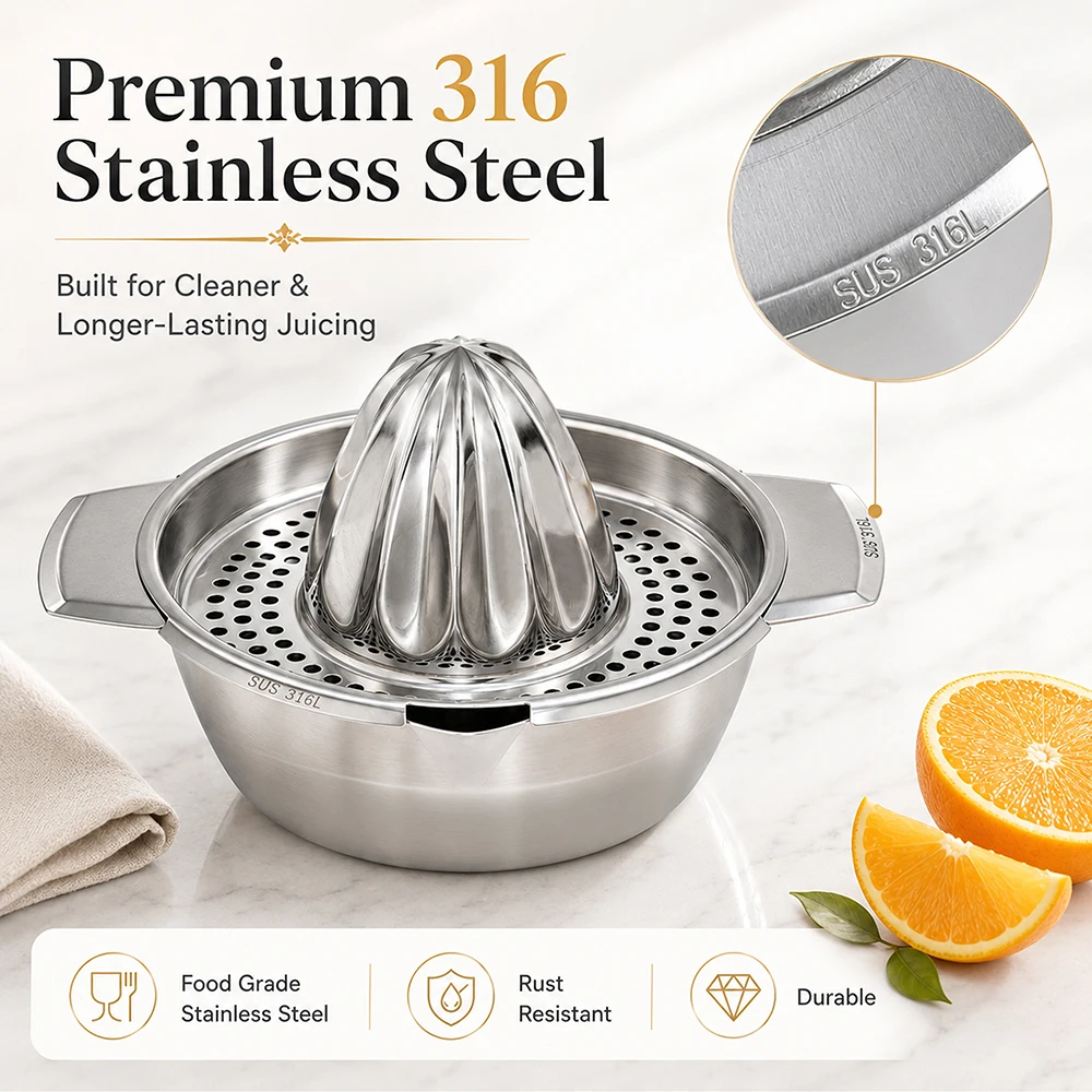 Durable 316 Stainless Steel Manual Juicer, Press Type Lemon Orange Squeezer with Bowl,Household Handheld Fruit Juice Making Tool