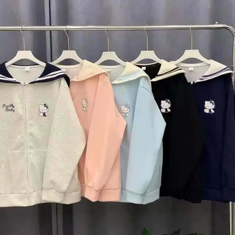 Anime Kawaii Kitty Cat Girls Zipper Sweatshirt Spring Autumn Cotton Cute Navy Collar Cardigan Coat Student Loose Tops Gift