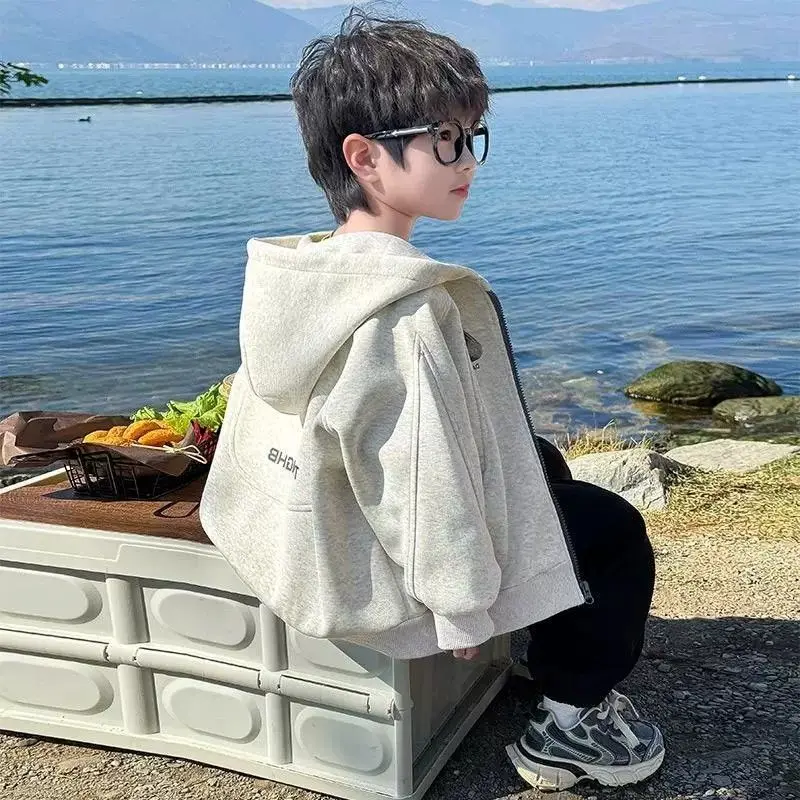 Spring Autumn Boys Cotton Beige Gray Hooded Cardigan Sweatshirt Casual Korean Style Sports Autumn Children's Baby Handsome Coat