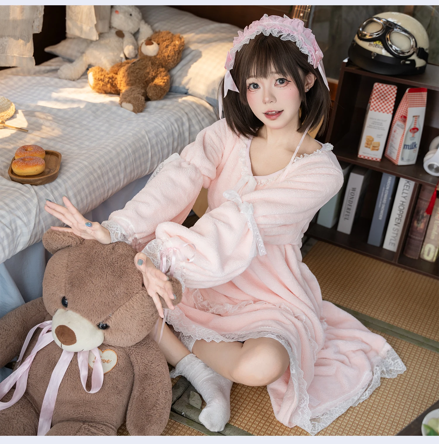 Lolita Nightdress for Women Autumn and Winter Coral Fleece Fluffy Pajamas Cute Princess Style Can Be Worn Outside Dress