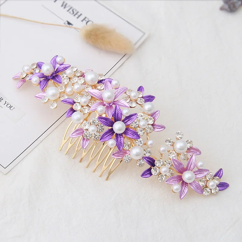 Baking Paint Flower Hair Comb for Women Bridal Pearl Purple Hair Accessoires Brides tiaras and headdresses Wedding Party Jewelry