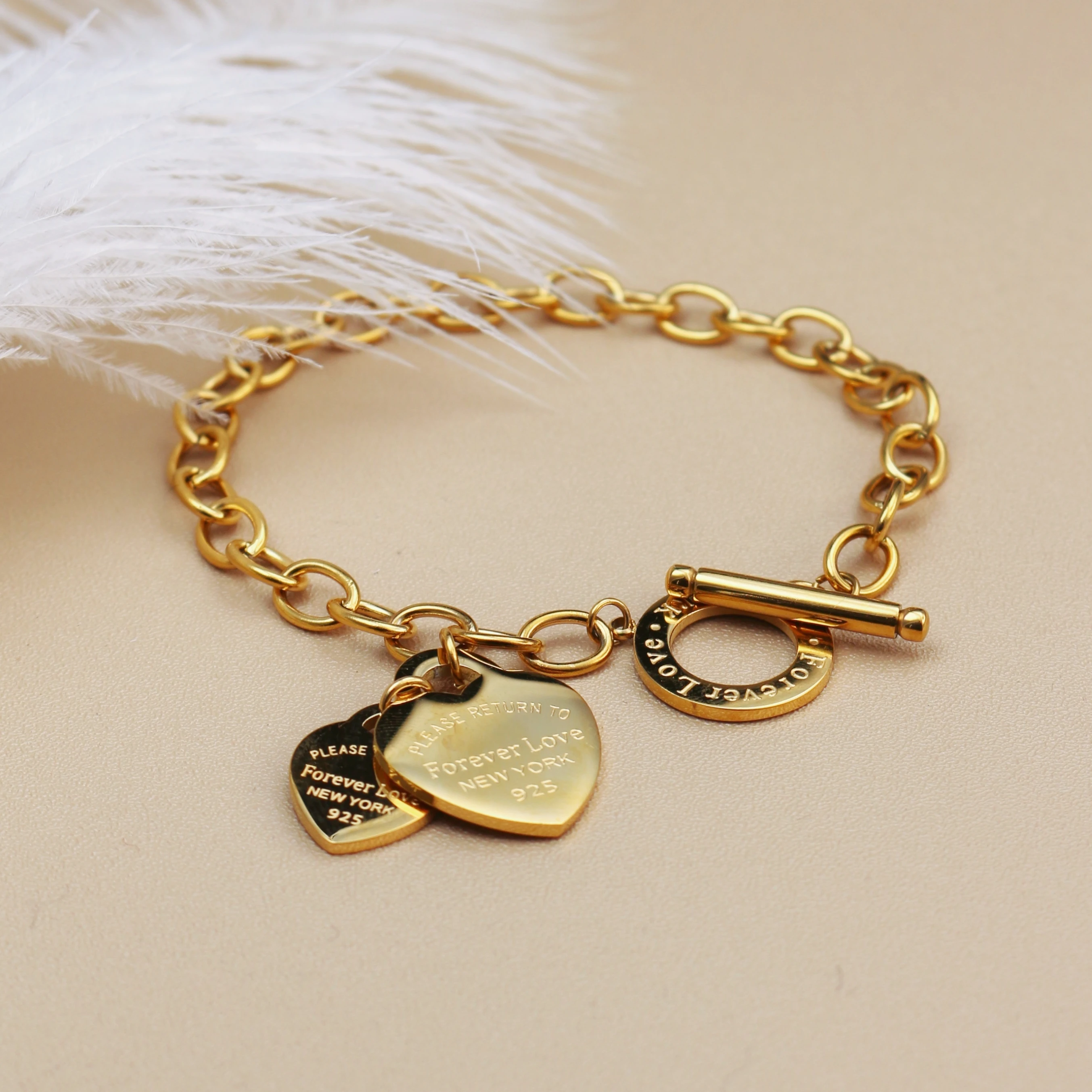 074 موضة الفولاذ المقاوم للصدأ الذهب اللون سوار مزدوج القلب قلادة تصميم إلى الأبد الحب المرأة مجوهرات الإسورة هدايا بالجملة #3