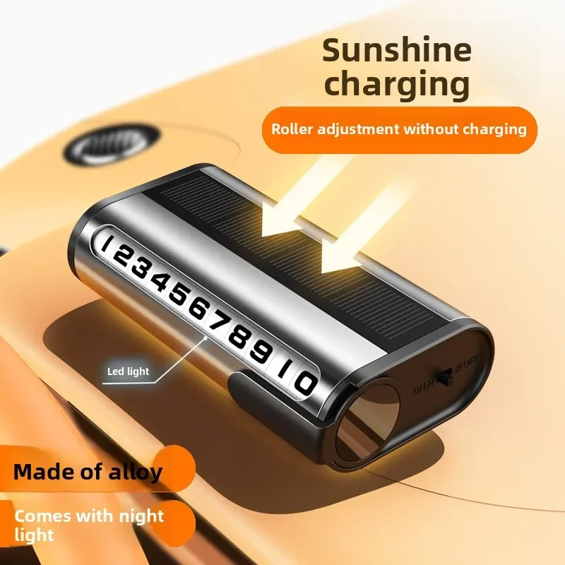 Solar Metal Parking Plate, Roller Hidden Phone Number Sign, Night Glowing Temporary Dashboard Card for Auto Accessories