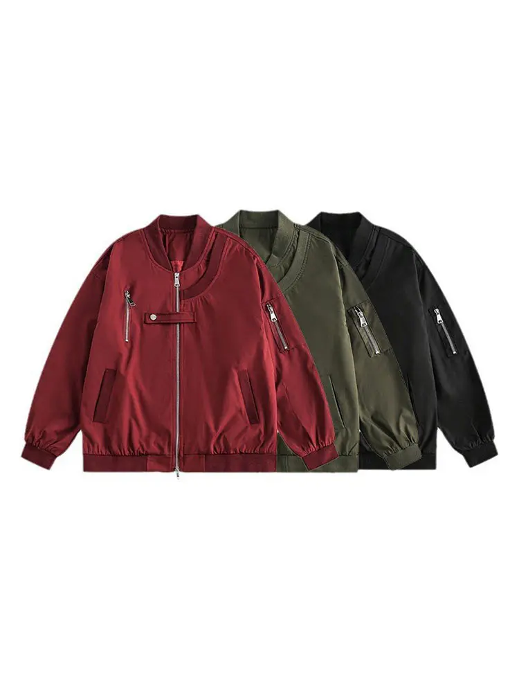 

American Retro Stand Collar Baseball Jacket Male Casual Loose Long Sleeve Zipper Bomber Jacket 2024 Street Men Zipper Pilot Coat