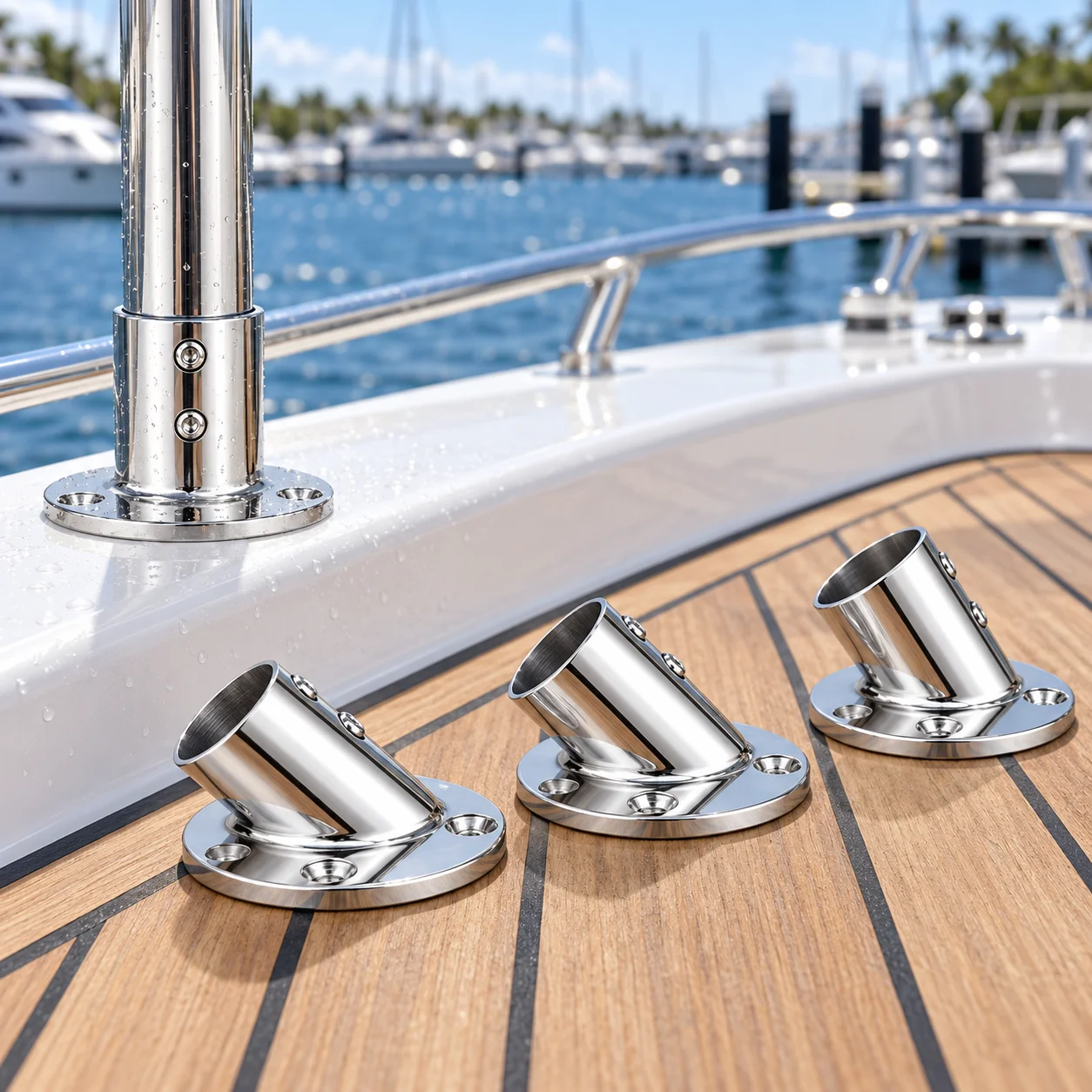 Marine Stanchion Base Mount with Round Deck Plate in 316 Stainless Steel for 22 25 30 32 and 38 mm Tubes on Boat and Yacht Rails