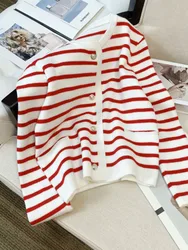 Autumn Winter 2022 Red White Contrast Striped Short Cardigan Female Soft Sweet Knitted Tops Single Breasted Sweaters