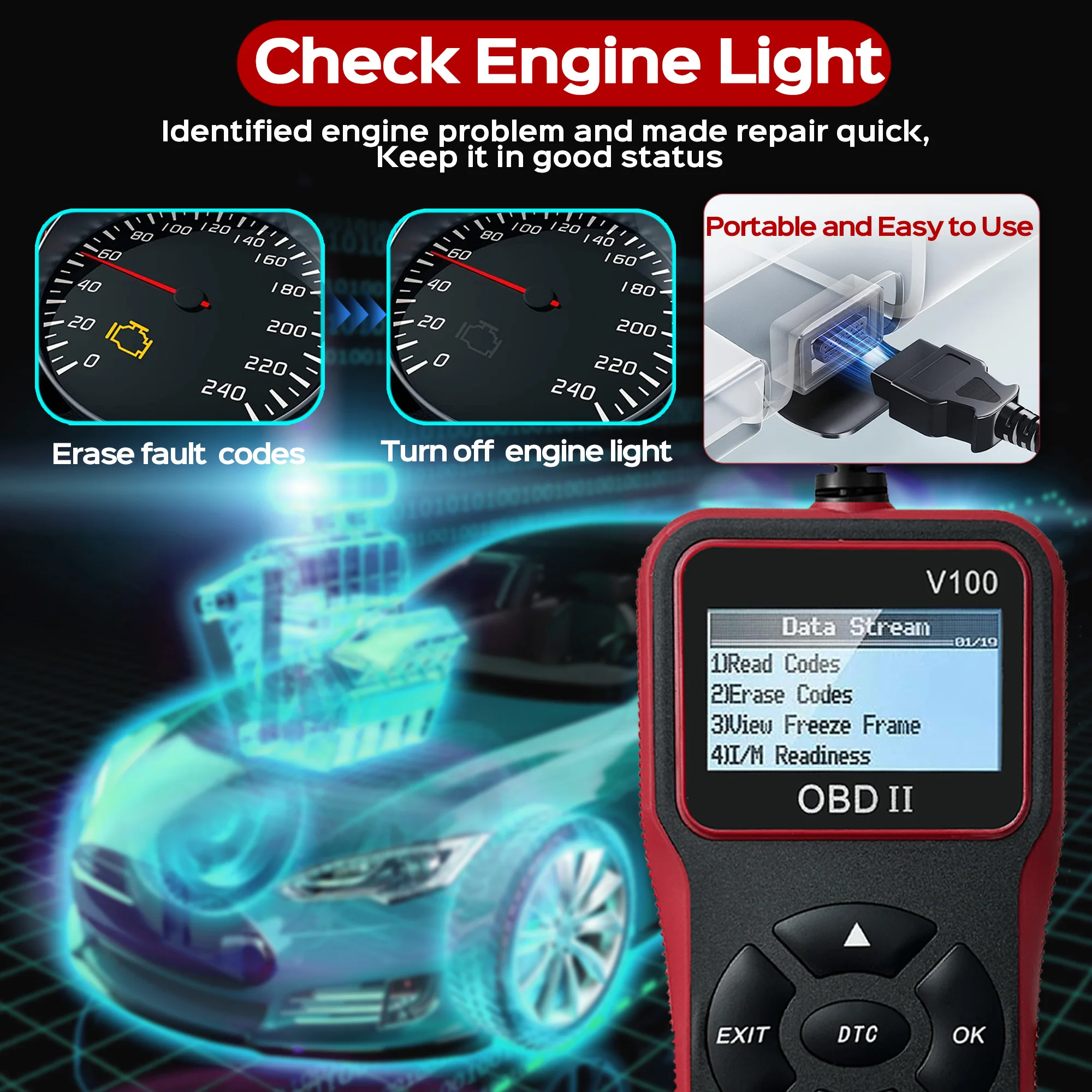 Car Code Reader, OBD2 Scanner Check Engine Light Fault Scanner CAN Battery Test Diagnostic Scan Tool