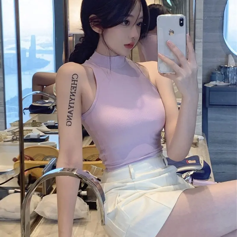 

Short Semi High Neck Sleeveless Vest With A Base, Worn For A Tight Fit, Slimming Effect, Slim Fit, Spicy Girl, Purple Top, Sexy