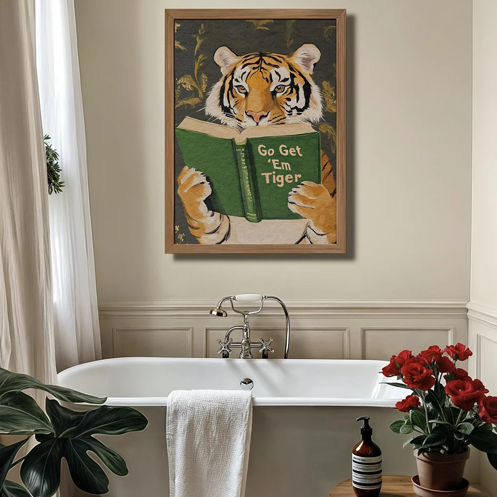 

Motivational Tiger Reading Print Humorous Bookworm Wall Art for Library Office Study Decor Canvas Painting Pictures