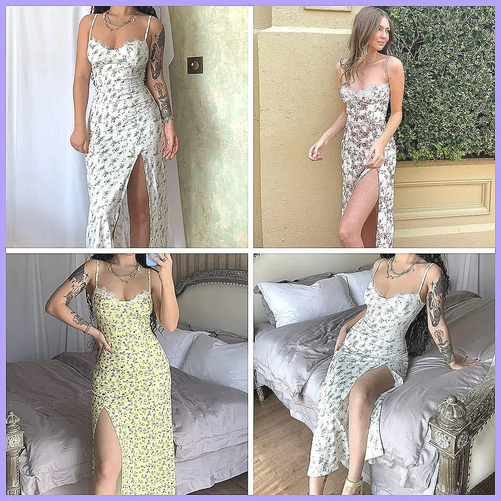 

Elegant Floral Midi Dress for Women, Square Neck Sleeveless with Lace Trim High Waist Split Vacation Dress (Character Count: 78)