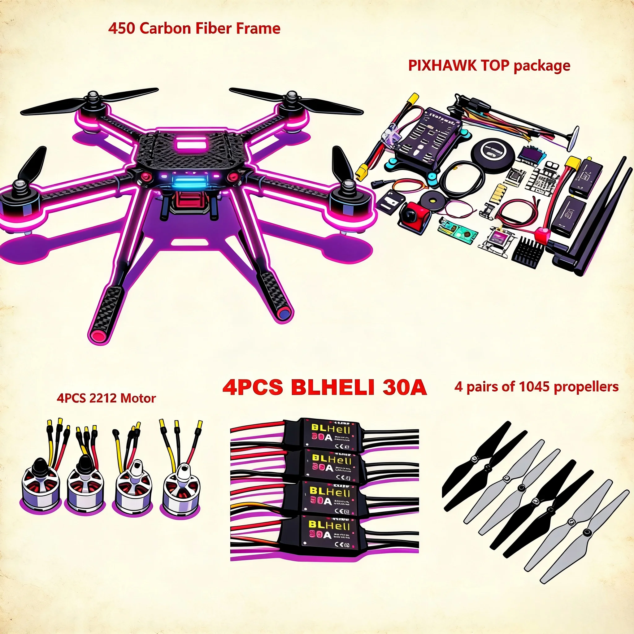 Angeltoy カーボンファイバー 450 フレーム PIXHAWK フライトコントロール + ラジオテレメトリ クアッドコプター BLHELI 30A 2212 モーター ESC ランディングギア付き