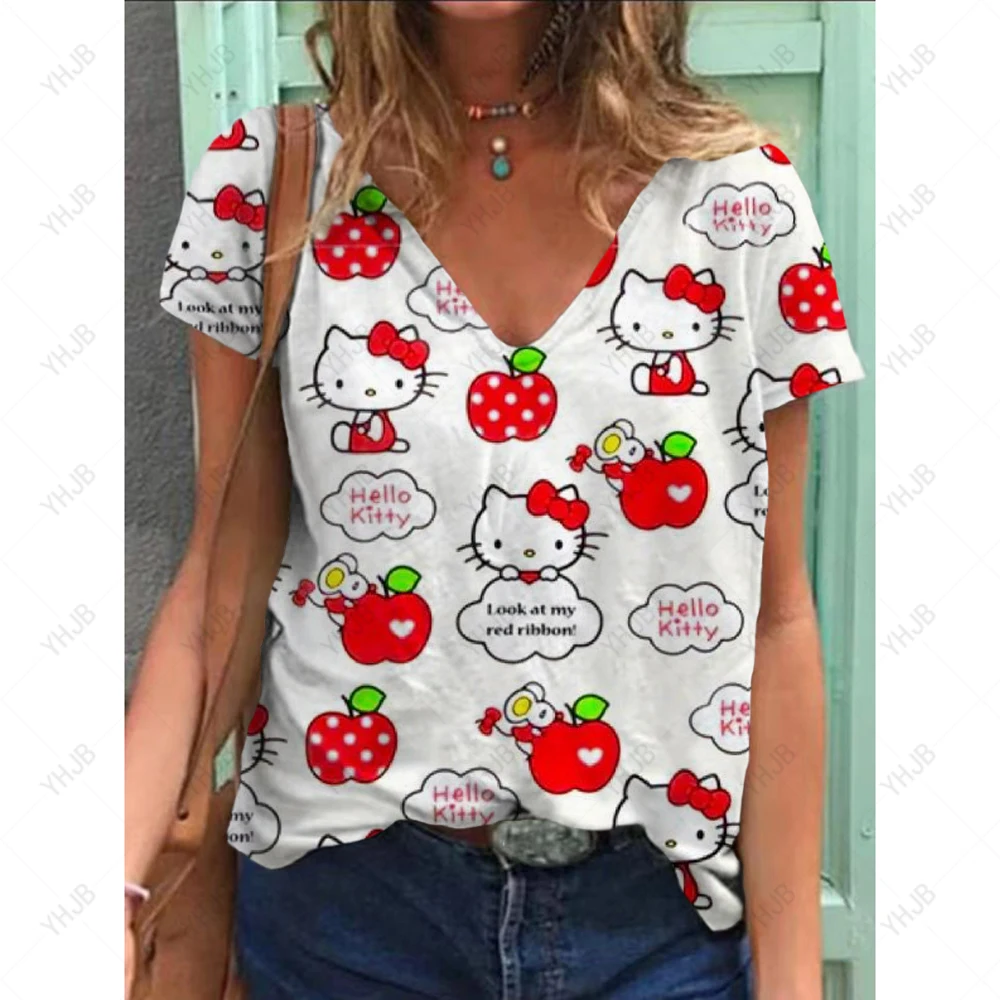 2025 Cartoon Hello Kitty 3D Stampa T-shirt a maniche corte Donna Estate Moda Per il tempo libero Con scollo a V Magliette larghe Estate Y2K Stile