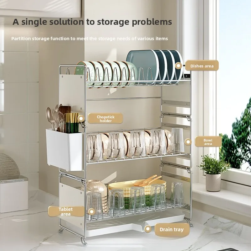 

Durable Stainless steel dish drain rack, stackable tableware rack by kitchen sink, narrow countertop, multi-functional cupboard