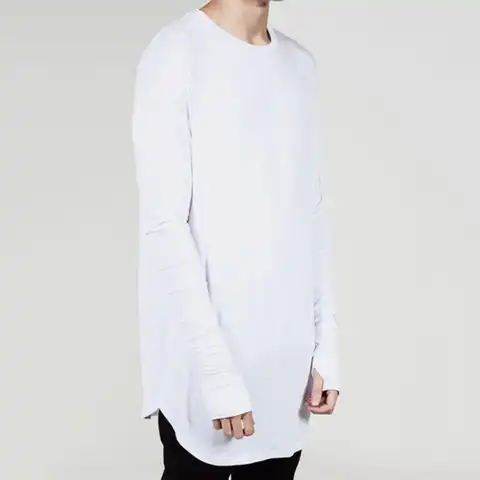 Enfärgad, avslappnad t-shirt med handskar, oregelbunden nederkant, rund hals, långärmad herr-t-shirt för vardagsbruk 8 best sales långärmad t-shirt med handskar - №5