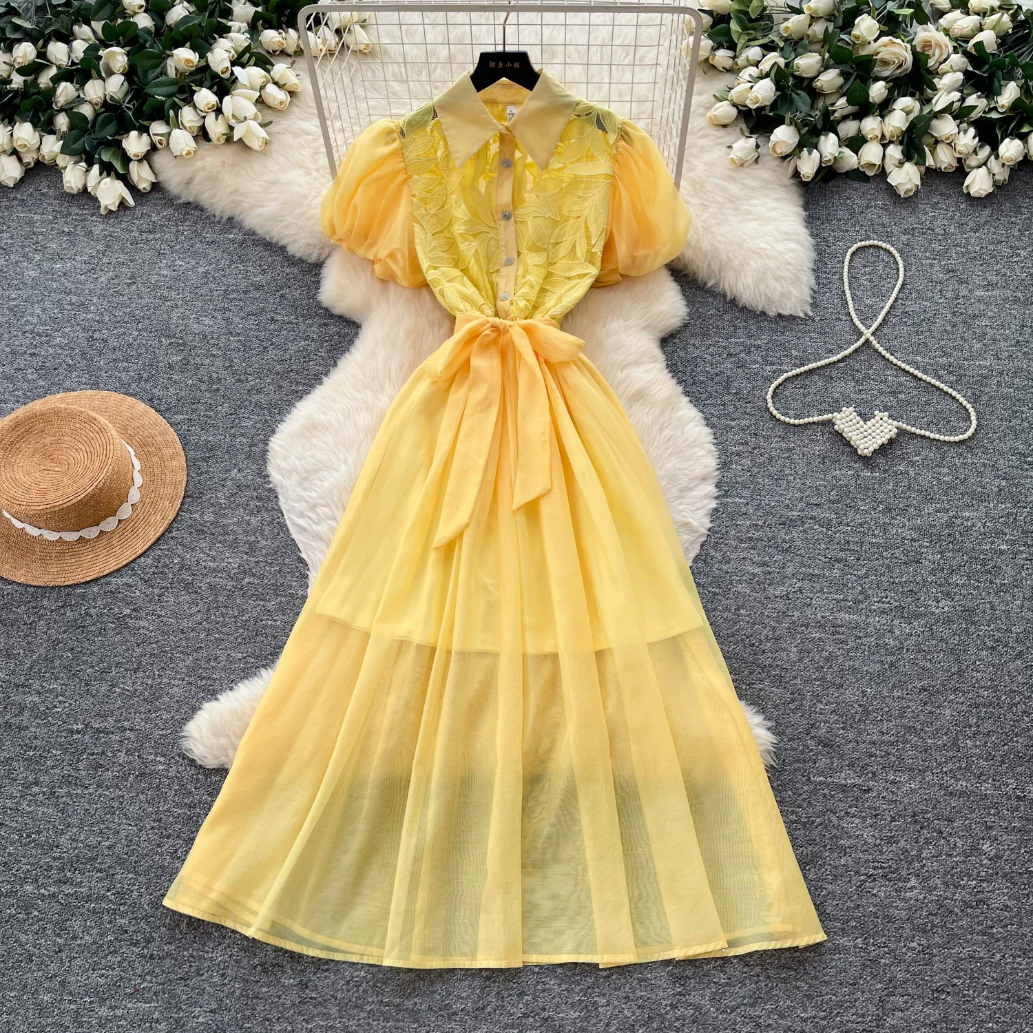 Women Embroidered Tulle Dress Turn-Down Collar Puff Sleeve Belted Waist Tiered Maxi Skirt Elegant Wedding Guest Evening Gown