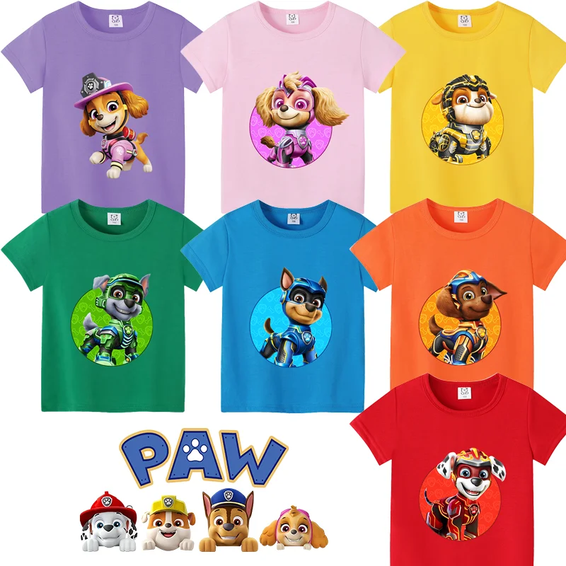 Paw Patrol Children T-Shirt Simple Basic Cotton Short Sleeve Kawaii Anime Cartoon Chase Skye Summer Baby Clothes Birthday Gift