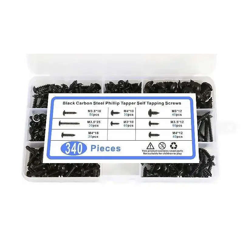 340pcs/Box Tapping Head Self Tapping Screws Set Pan Head Steel Assortment Screw Carbon Cross Black M3/M3.5/M4/M5 Kit Furniture