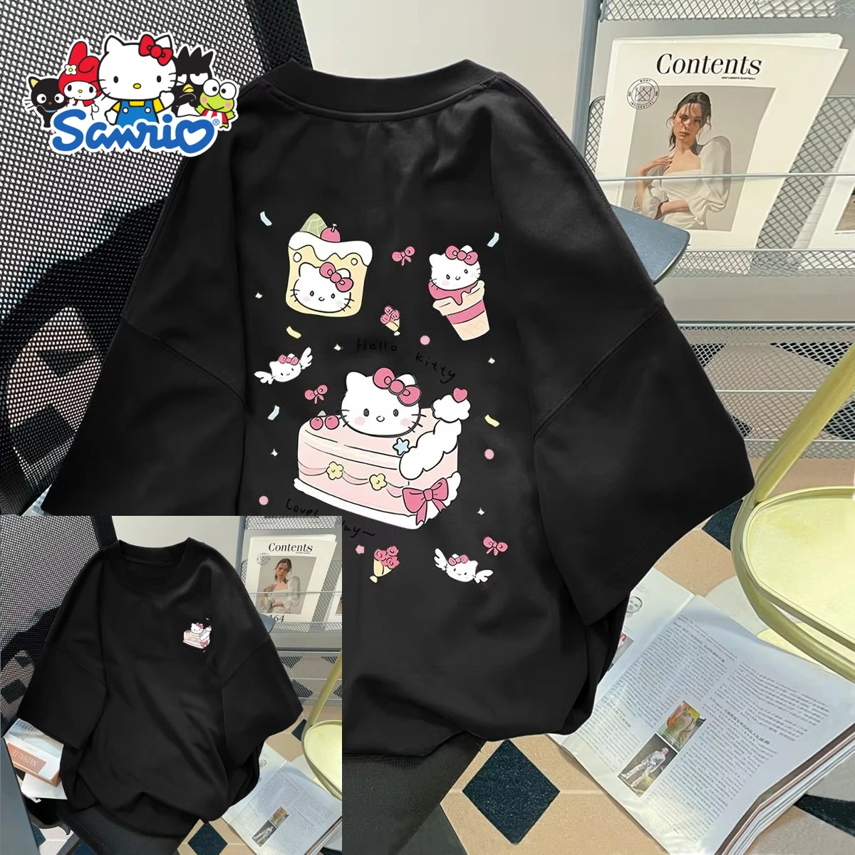 Hello Kitty, милая футболка с мультяшным принтом Sanrio, новая летняя женская хлопковая футболка больших размеров, свободный повседневный модный топ с короткими рукавами
