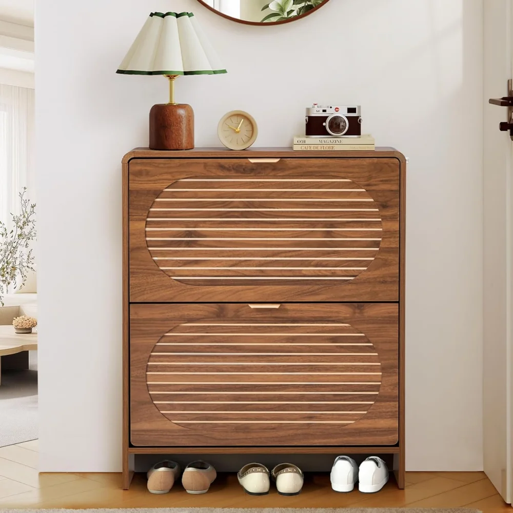 

Narrow Shoe Storage Cabinet for Entryway with 2 Flip Drawers, Freestanding Wood Shoe Cabinet with Arched Stripe Panel