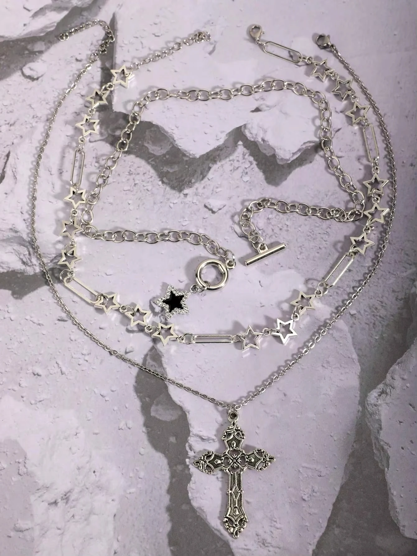 Multi-Layer Choker Necklace Set Vintage Gothic Punk Style Rhinestone Star Meteor Necklace, Rhinestone Cross Necklace Y2K